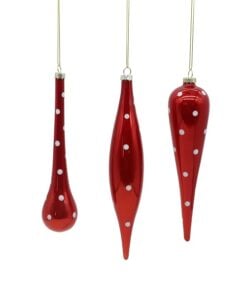 3Asst 19 Glass Red Wh Dots Orn
