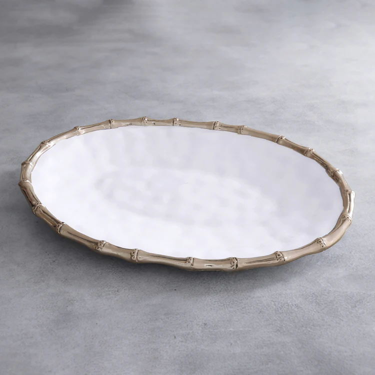 I130470 Thanni Bamboo Large Oval Platter White & Gold