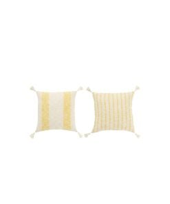 Square Cushion Lines + Tassels White/Yellow Assortment of 2