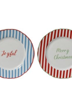 Breakfast plate porcelain round decal striped rim and tekst 2ass