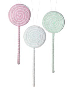 14" Frosted Pastel Lollipop Ornament 3Ast