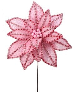 30" Giant Candy Snow Glitter Poinsetta Stem Pkrd