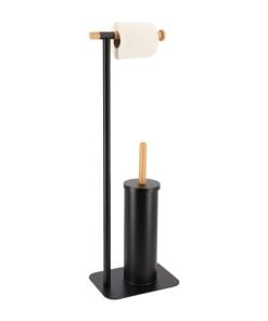 Metal And Bamboo Toilet Brush And Toilet Paper Dispenser - Black/Bamboo