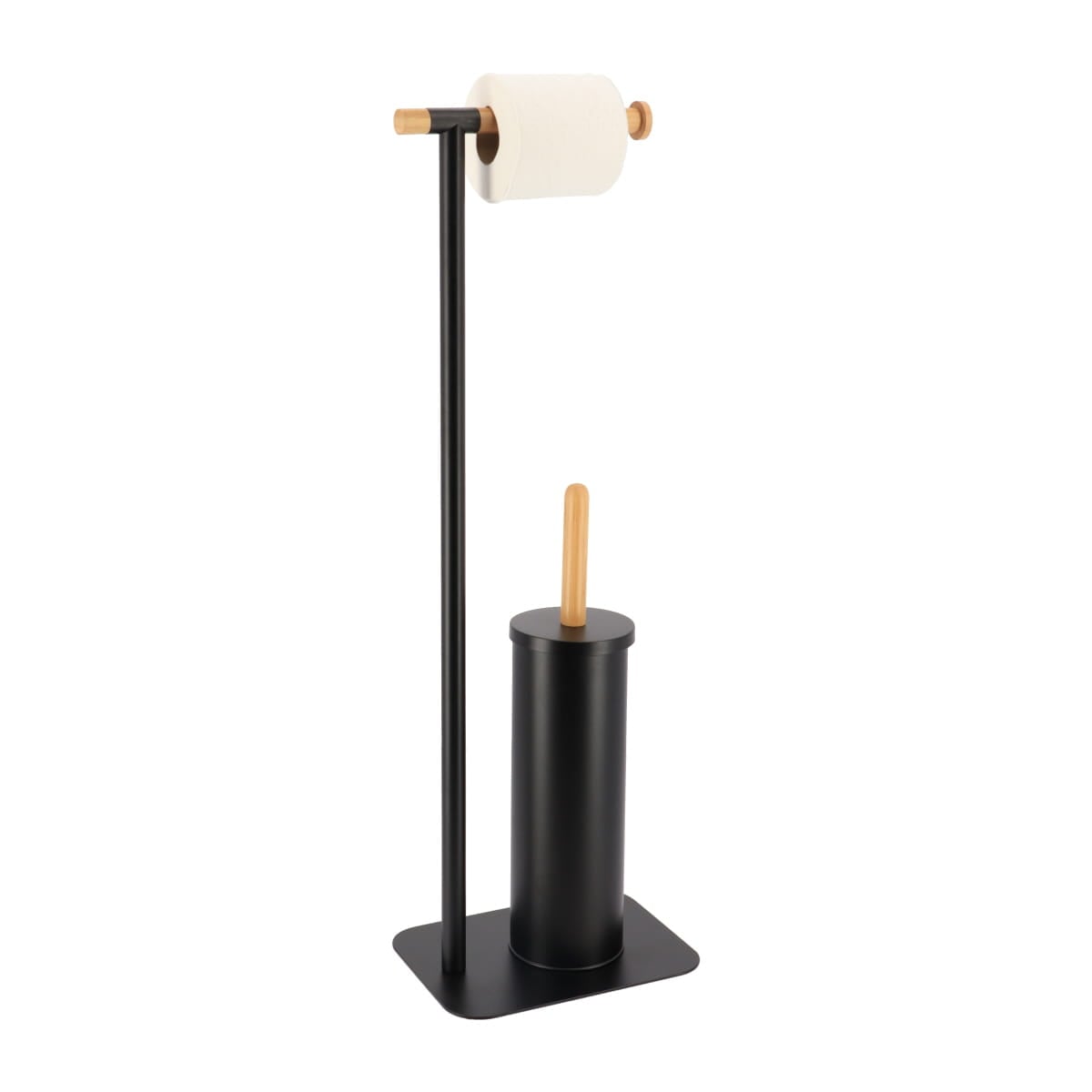 I126350 Metal And Bamboo Toilet Brush And Toilet Paper Dispenser - Black/Bamboo