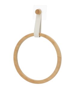 Round Bamboo Towel Rack + Leather Imitation Strap On Sticker - White/Bamboo