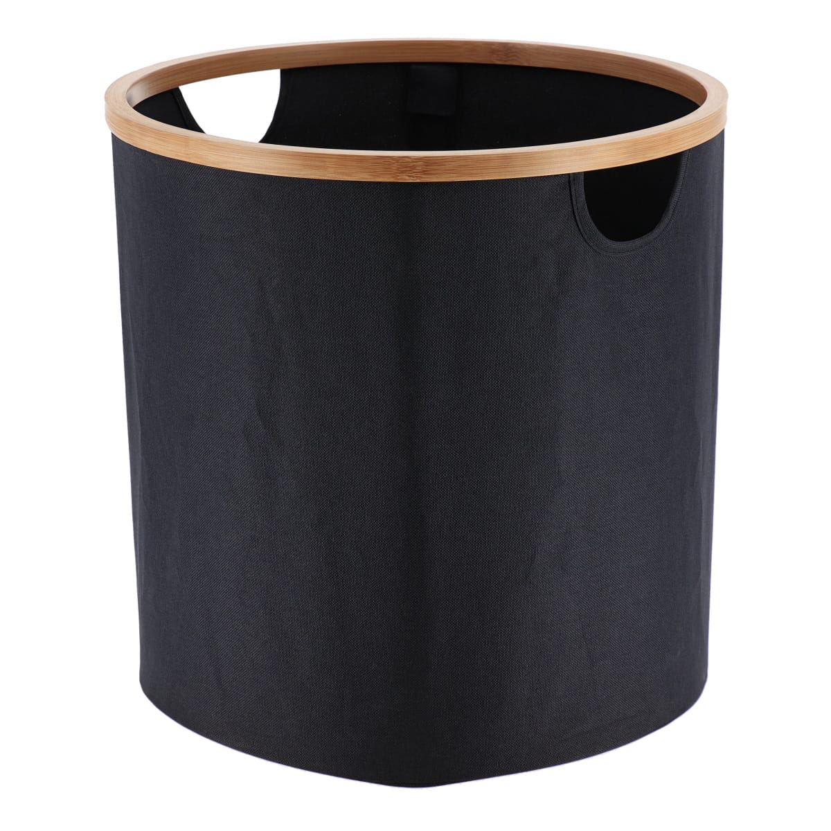 I126439-1 Polyester Foldable Storage Basket With Bamboo Frame Round Shape - Black/Bamboo