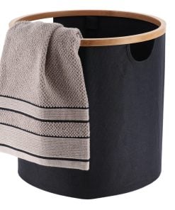 Polyester Foldable Storage Basket With Bamboo Frame Round Shape - Black/Bamboo