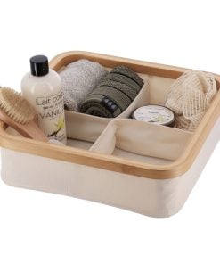 Polyester Foldable Storage Basket With Bamboo Frame Square Shape And 4 Compartements - Natural/Bamboo