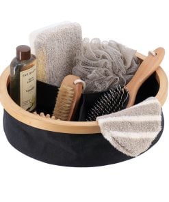 Polyester Foldable Storage Basket With Bamboo Frame Round Shape And 3 Compartements - Black/Bamboo