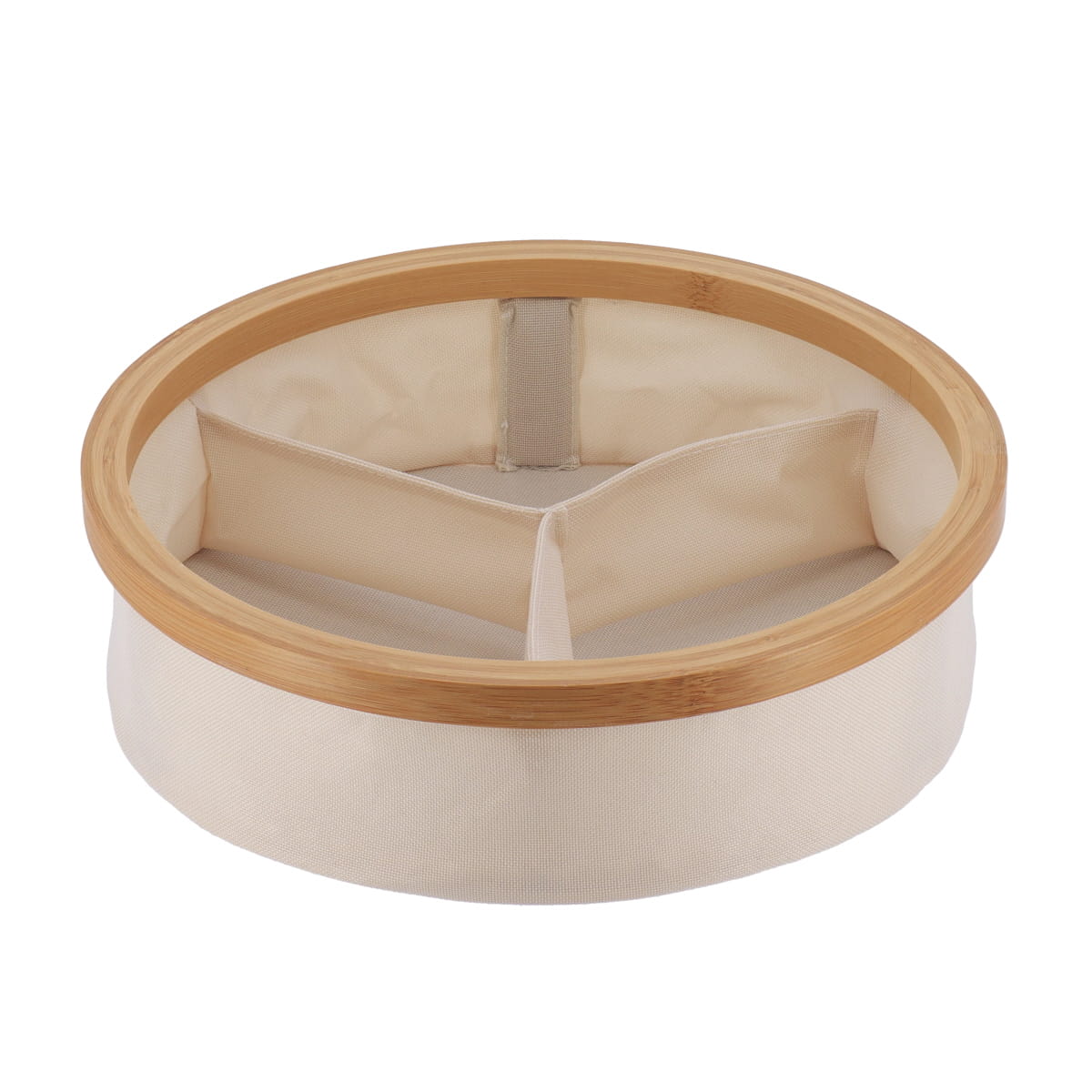 I126444-1 Polyester Foldable Storage Basket With Bamboo Frame Round Shape And 3 Compartements - Natural/Bamboo