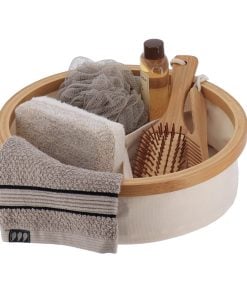 Polyester Foldable Storage Basket With Bamboo Frame Round Shape And 3 Compartements - Natural/Bamboo