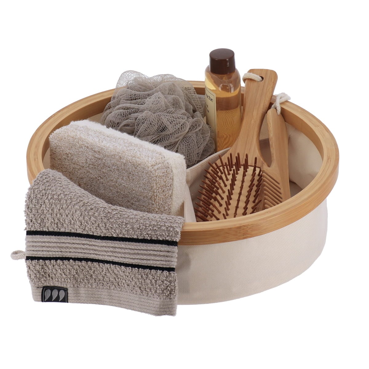 I126444 Polyester Foldable Storage Basket With Bamboo Frame Round Shape And 3 Compartements - Natural/Bamboo