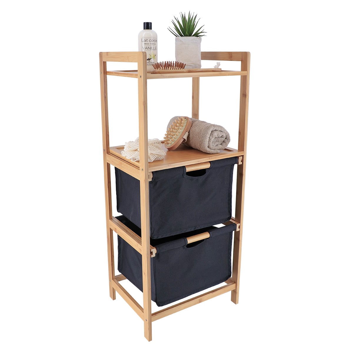 I126445 Bamboo Furniture With 2 Polyester Baskets And Shelves - Black/Bamboo