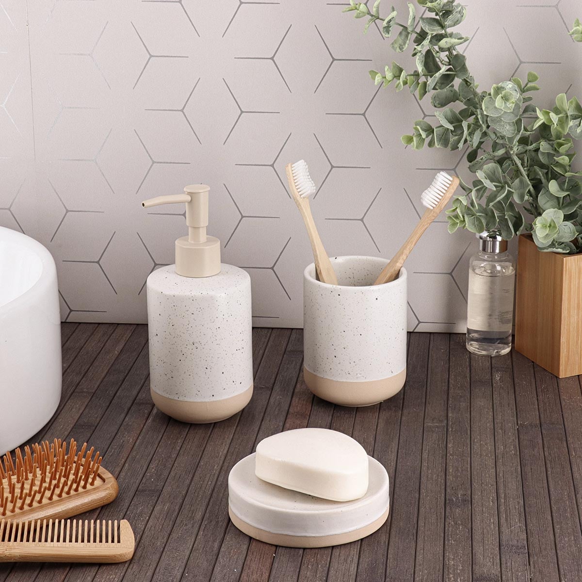 I139397 Stoneware Soap Dispenser Lacquered/Speckled Grey + Mat Raw Finished 330Ml - White/Beige