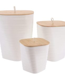 Set Of 3 X Pp Printed Dusbin With Bamboo Lid - White