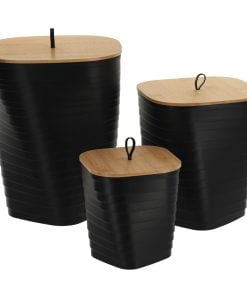 Set Of 3 X Pp Printed Dusbin With Bamboo Lid - Black