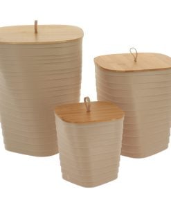 Set Of 3 X Pp Printed Dusbin With Bamboo Lid - Beige