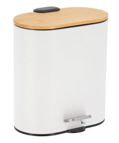 Oval Metal Wastbin Soft Close 5L With Bamboo Lid - White