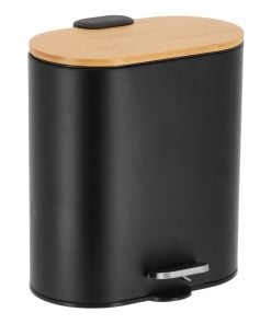 Oval Metal Wastbin Soft Close 5L With Bamboo Lid - Black