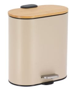 Oval Metal Wastbin Soft Close 5L With Bamboo Lid - Beige