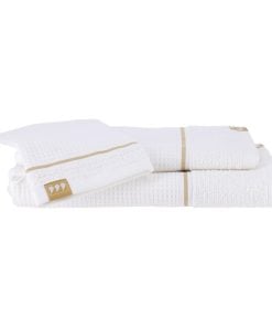 Set Of 3 Pieces 100% Cotton 1 Glove/ 1 Toilet Towel 50X90 Cm / 1 Toilet Towel 70X130Cm - White/Gold