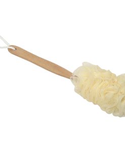 Pe Mesh Bath Sponge With Wood Handle - Natural