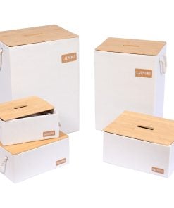 Set Of 5 Polyester/Cardboard Baskets With Bamboo Lid - White