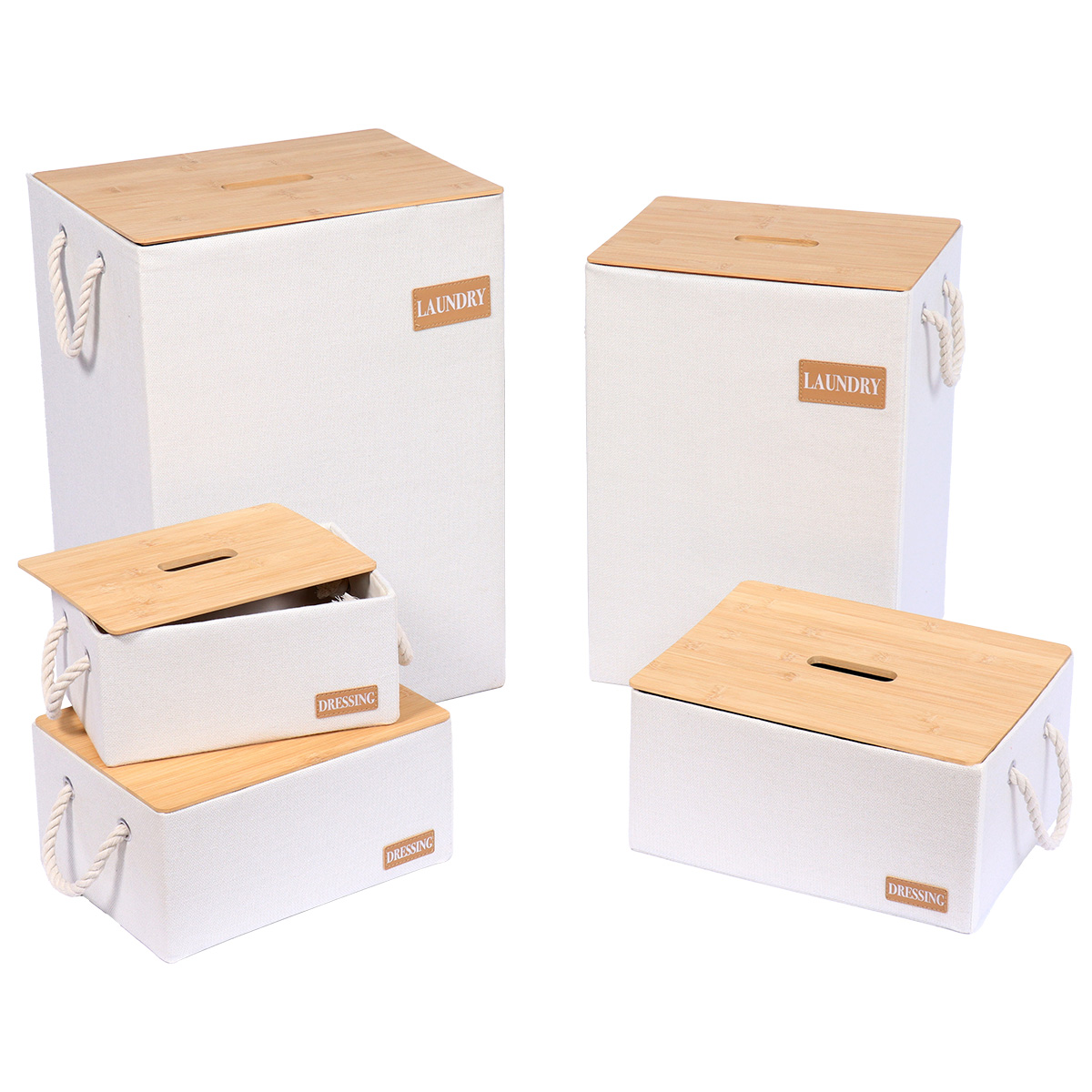 I139688 Set Of 5 Polyester/Cardboard Baskets With Bamboo Lid - White