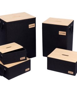 Set Of 5 Polyester/Cardboard Baskets With Bamboo Lid - Black