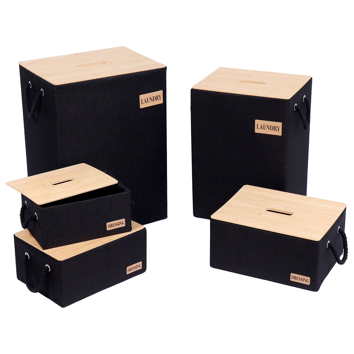 I139689 Set Of 5 Polyester/Cardboard Baskets With Bamboo Lid - Black