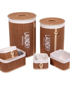 Set Of 6 Bamboo Baskets - Natural And White