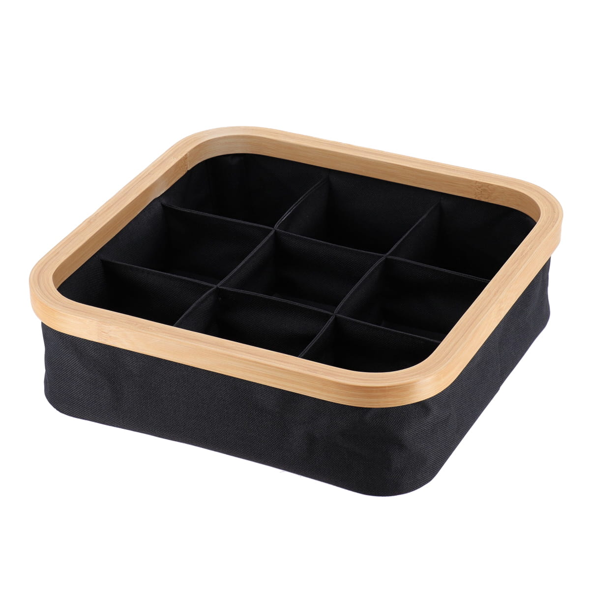 I139699-1 Polyester Foldable Storage Basket With Bamboo Frame Square Shape And 9 Compartements - Black/Bamboo