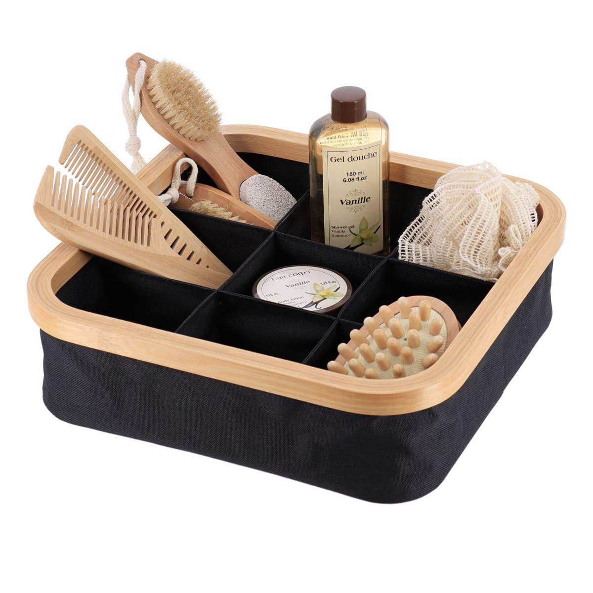 I139699 Polyester Foldable Storage Basket With Bamboo Frame Square Shape And 9 Compartements - Black/Bamboo