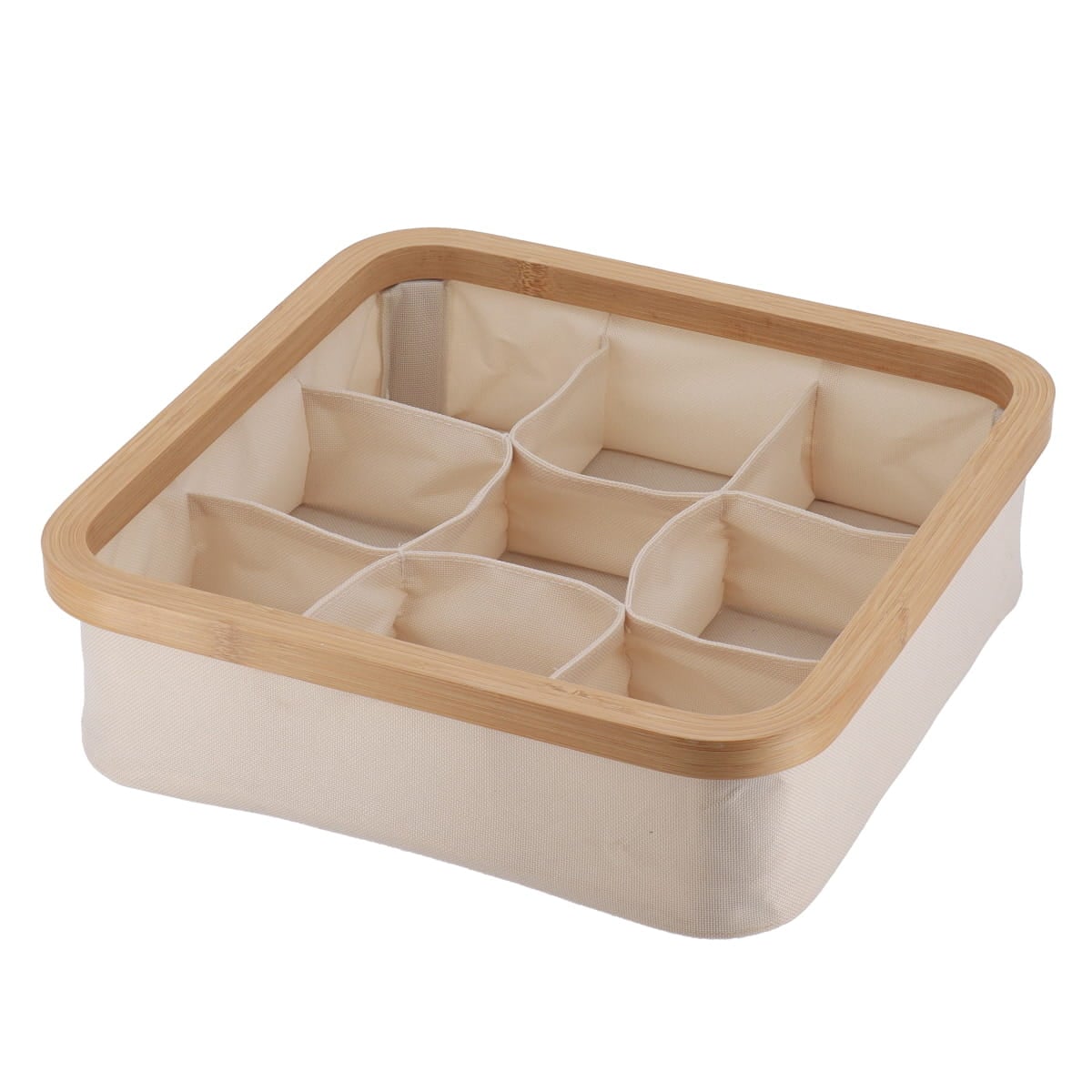 I139700-1 Polyester Foldable Storage Basket With Bamboo Frame Square Shape And 9 Compartements - Natural/Bamboo