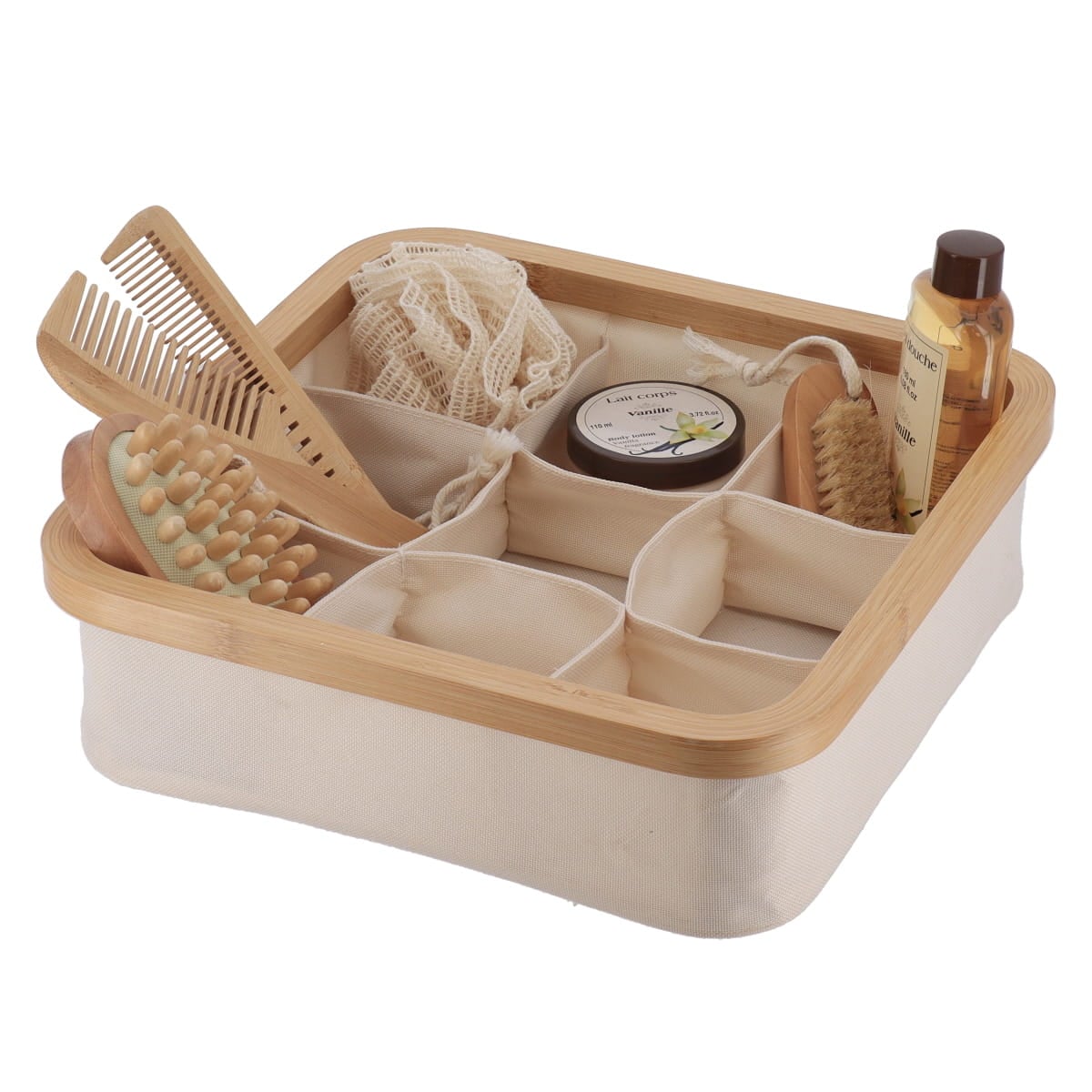 I139700 Polyester Foldable Storage Basket With Bamboo Frame Square Shape And 9 Compartements - Natural/Bamboo