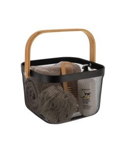 Square Metal Storage Basket With Bamboo Grip - Black