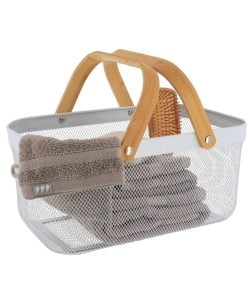 Rectangular Metal Storage Basket With Bamboo Grip - White