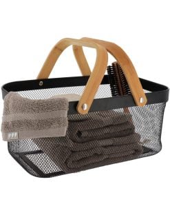 Rectangular Metal Storage Basket With Bamboo Grip - Black