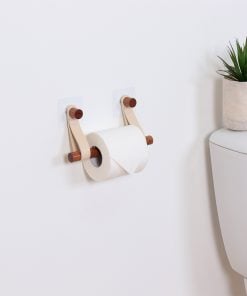 Bamboo Toilet Paper Dispenser + Leather Imitation Strap On Sticker -