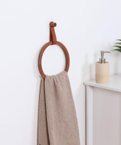 Round Bamboo Towel Rack + Leather Imitation Strap On Sticker -