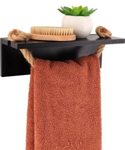 Black Acacia Towel Rack And Cord On Stickers - Black