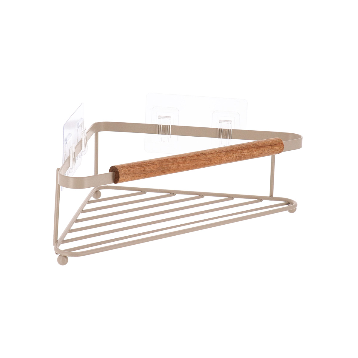 I139740-1 Coated Steel Wire Corner Rack With Acacia Bar To Stick Or To Fix - Beige