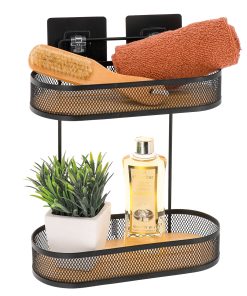 Oval Metal Shelf 2 Levels / Bamboo Tiers On Adhesives Cards 3M- Black/Bamboo