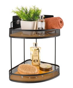 Metal Bamboo Corner Shelf 2 Levels On Adhesive Cards 3M - Black/Bamboo