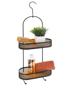 Metal And Bamboo Shower Caddy 2 Levels With Hooks - Black/Bamboo