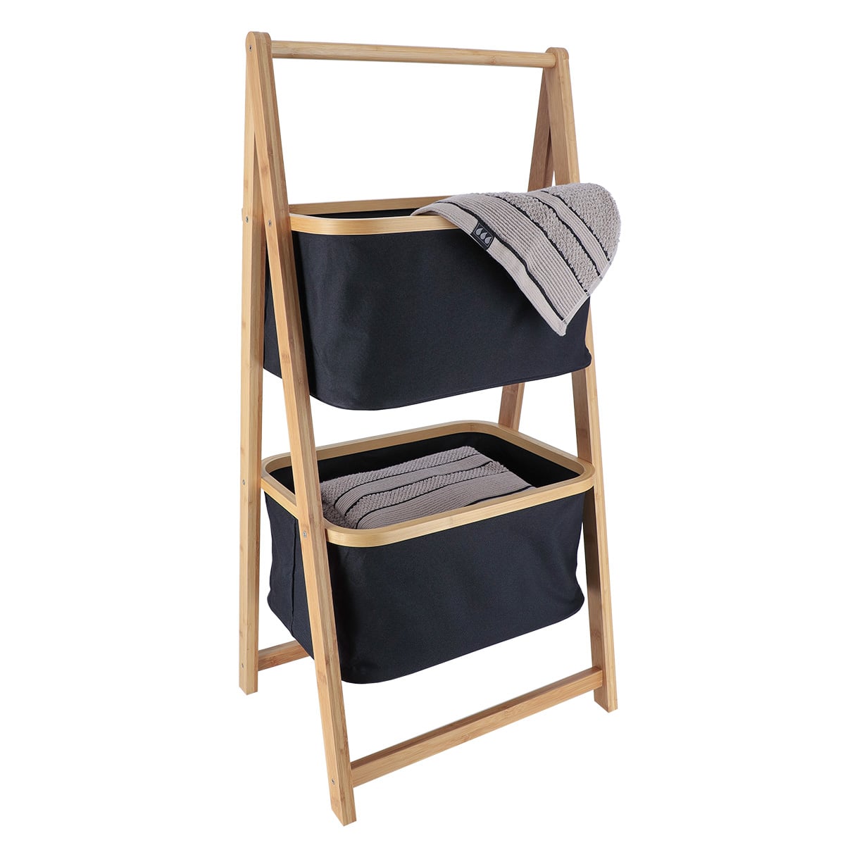 I139770 Bamboo Shelves With 2 Polyester Storage Baskets - Black/Bamboo