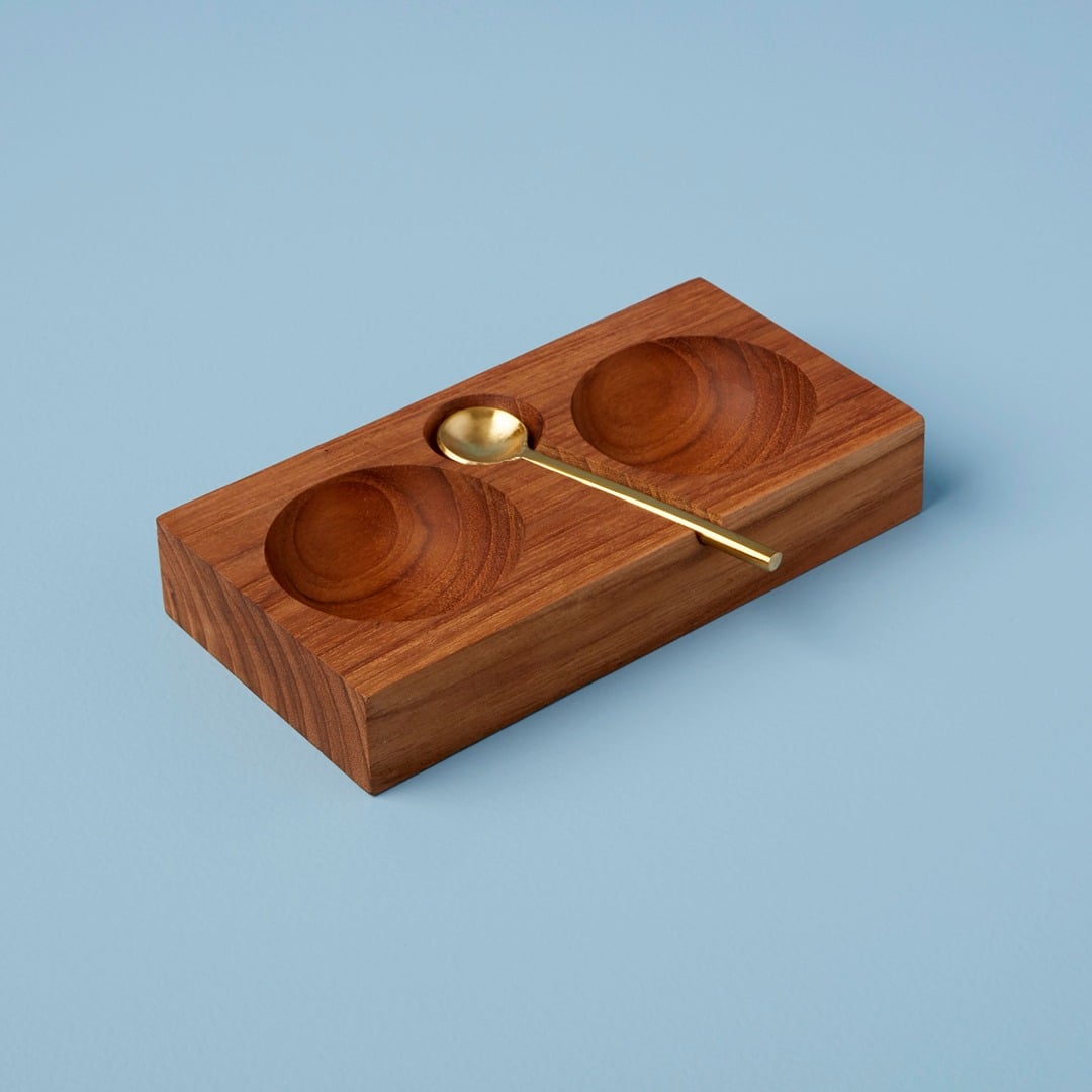 I137078 Teak Double Cellar with Gold Spoon